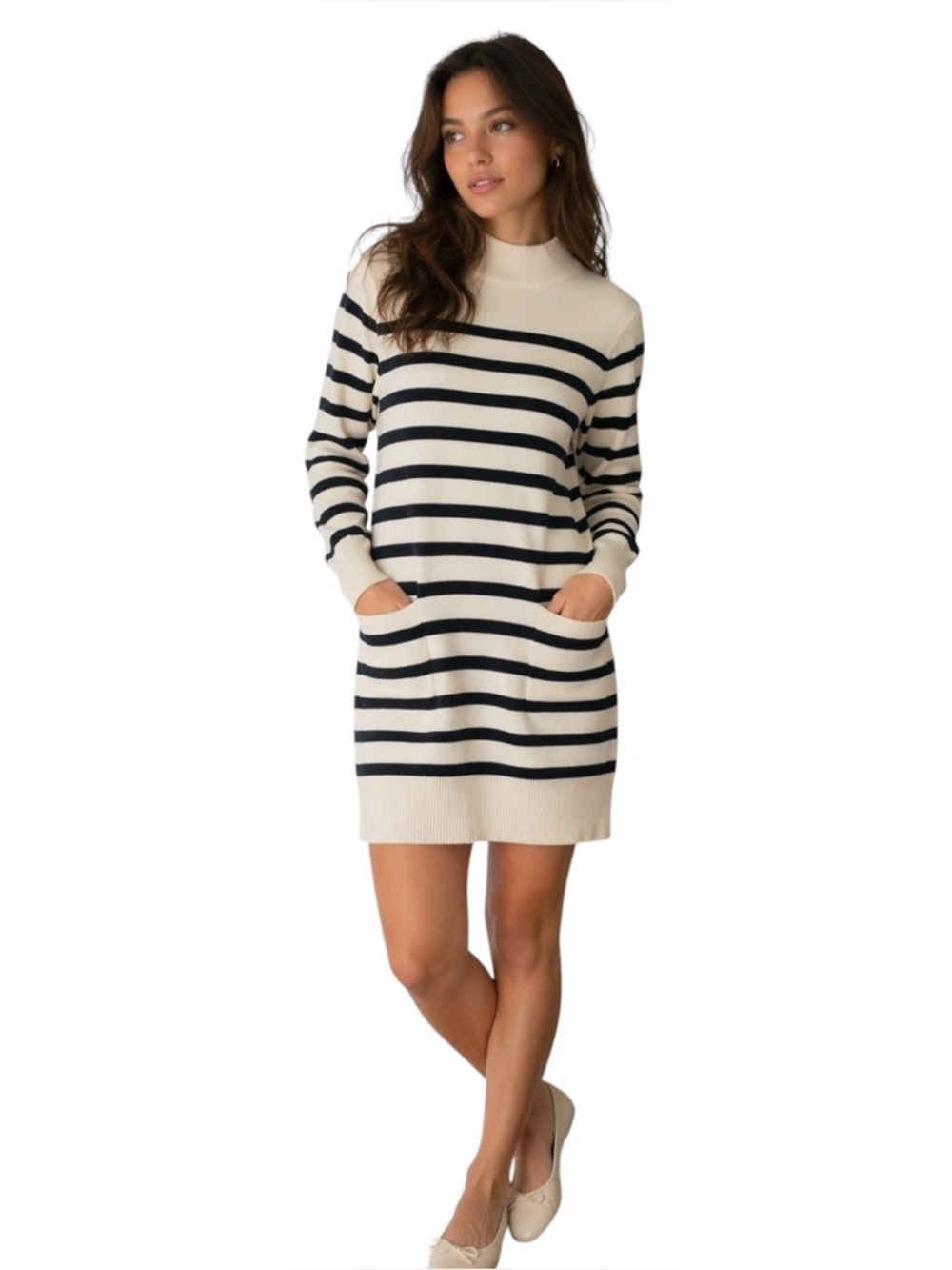 Striped Knit Sweater Dress Cream Black Breton Pocket Mini Cozy Chic